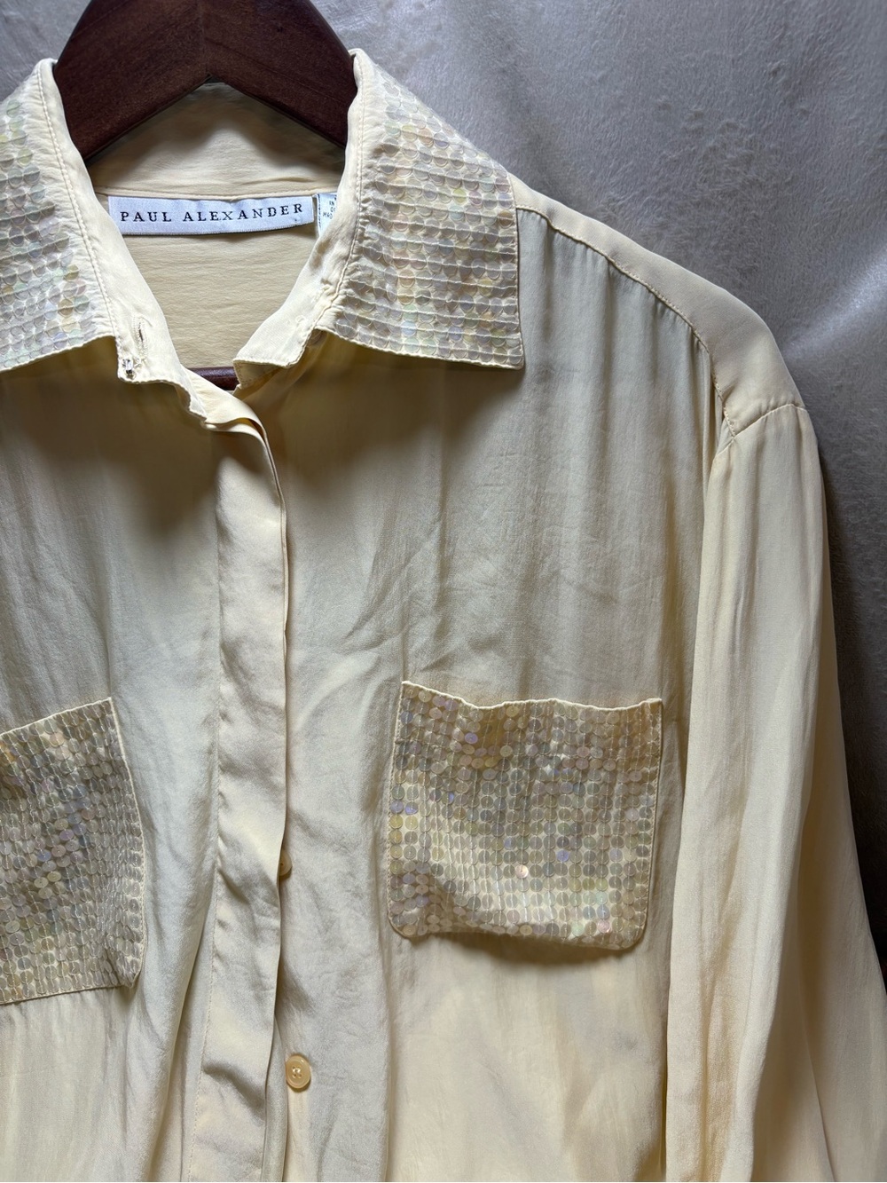 Paul Alexander 100% Silk Sequin Button Down Blouse Ivory Size 8 Vintage